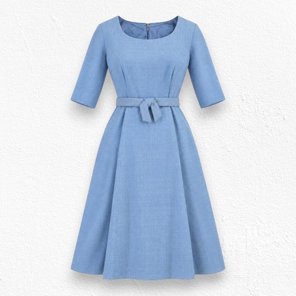 Vintage 1960s Shannon Rodgers Blue Wool Belted Dress ILGWU Union Made XS S